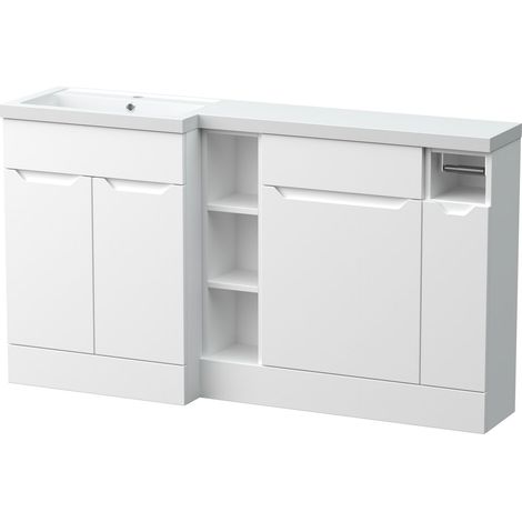 Teddesley Floor Standing 3 Door, Open Shelf Vanity Basin WC Unit with Toilet Roll Holder and Polymarble Basin, 1500mm, Left Hand, Matt White