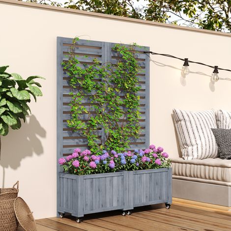 Pflanzkasten aus Holz mit Rankgitter, 2 Kästen, Rollen, für Kletterpflanzen im Garten, Terrasse und Balkon LINHOO