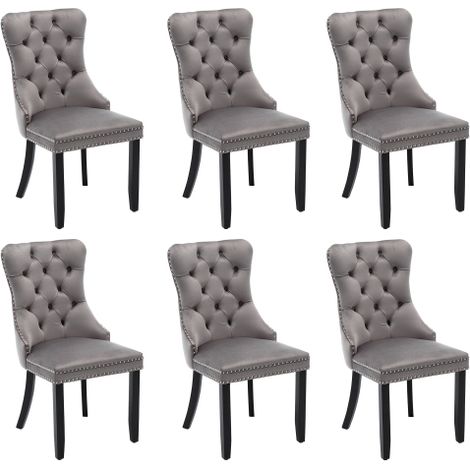 Set of 6 Grey Upholstered Velvet Dining Chairs with Button Tufting,Solid Wood Legs,Riveted Trim,and Knocker Ring for Dining and Living Room Use (1/5)