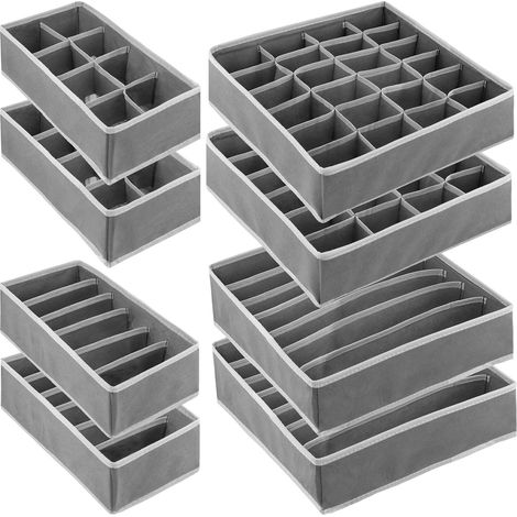 Separateur Tiroirs, Lot de 8 Organisateurs de Tiroirs Pliables en Tissu, 4 Tailles pour Rangement Sous-Vetement, Soutiens-Gorge, Chaussettes, Cravates, Gris (1/5)