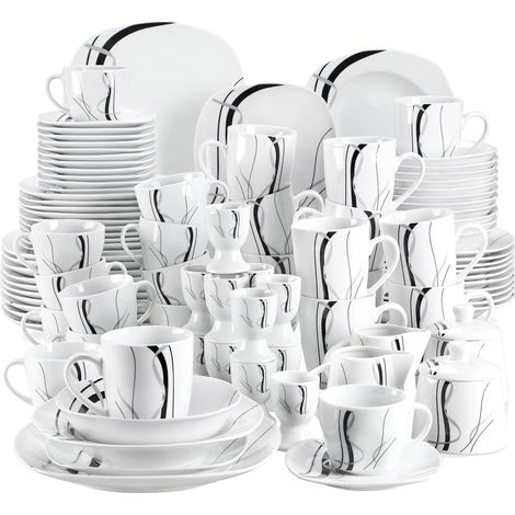 Vajilla de porcelana de 50/100 piezas, apta para microondas y lavavajillas, diseño de rayas negras. (1/2)