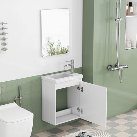 Meuble salle de bain 40 cm blanc brillant, plan vasque mural vasque céramique miroir, design sans poignée, charnières freinées, prémonté, coloris blanc (1/5)
