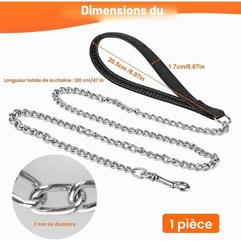 Metal Dog Chain Leash Chain Dog Lead with Nylon Soft Padded Handle Pet Training Leads for Dogs Walking Control, Black (2MM) (1/4)
