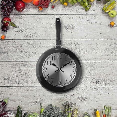 Horloge murale, 25 cm, en métal, en forme de poêle à frire, décoration de cuisine - Horloge murale unique sur le thème de la cuisine avec tournevis (noir) - Yvan (1/5)