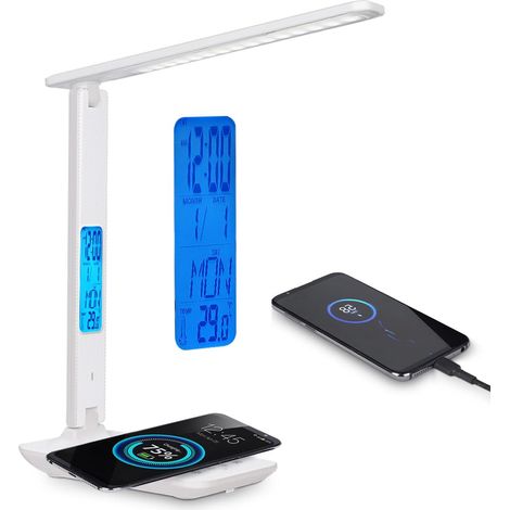 Caricabatterie wireless da tavolo a LED per telefono e porta USB, 5 livelli di luminosità, pieghevole con sveglia, calendario, visualizzazione della temperatura, adatto per cameretta dei bambini, uffi