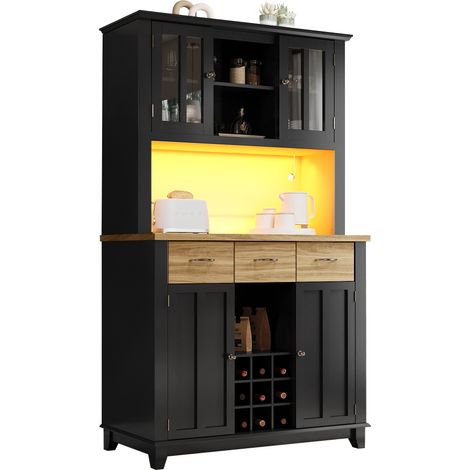 Credenza da Cucina Alta con 6 Vani, 1 Portabottiglie e LED, per Cucina o Soggiorno, in MDF, Nero, 106 x 40 x 179,5 cm (1/5)