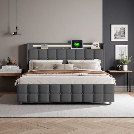 Cama tapizada con función de carga USB, cama doble 160x200cm, con iluminación LED y 4 cajones, canapé abatible, somier de láminas de madera, aspecto lino, gris (1/5)