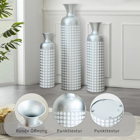 Lot de 3 grands vases en métal argenté, finition miroir à pois, hauteurs 49,5/66/84 cm. Décoratifs pour séjour, salle à manger ou entrée, idéaux pour fleurs séchées et graminées. (1/5)