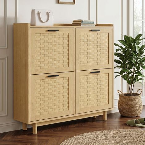 ADWOLT Meuble à chaussures en rotin,4 portes, couleur chêne,Armoire à Chaussures,16 paires,100x24x95 cm,Style Scandinave Moderne (1/5)