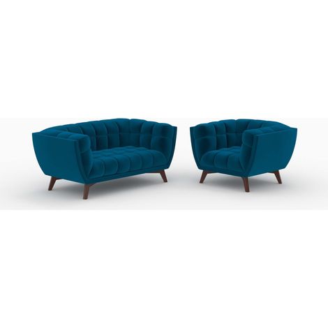 Pack sofá y sillón de terciopelo azul Mona 3 plazas