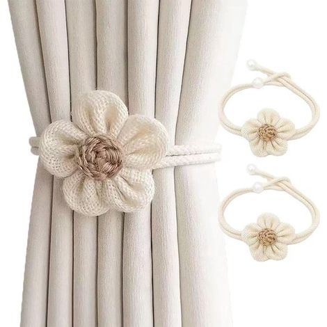 Embrasse de rideau 2 pièces - Embrasse de rideau - Support de rideau - Embrasse - Imprimé floral - Cordon de rideau ajustable - Beige - Fibre synthétique beige (1/5)