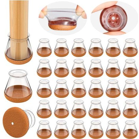Protection Pied de Chaise, 32 pièces Transparent, Ronds Patins pour Chaises en Silicone avec Feutre épaissi, Convient aux planchers de Bois Franc (Fit:14-20mm) (1/5)