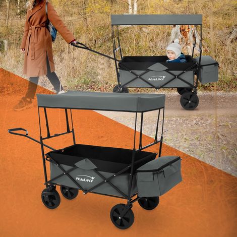 Hauki Carro de Mano Plegable con Toldo para la Playa, Gris, Transporte de hasta 80 kg para Niños o de Equipamiento incl. 2 Bolsillos de Malla y 1 Bolsa Exterior, Remolque con Freno en Rueda Delantera (1/5)