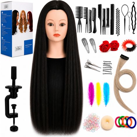 Cabeza de entrenamiento de peluquería femenina para peinar cabello sintético de 90 cm + set de cabello, relleno de moño, peine para recogidos. (1/5)