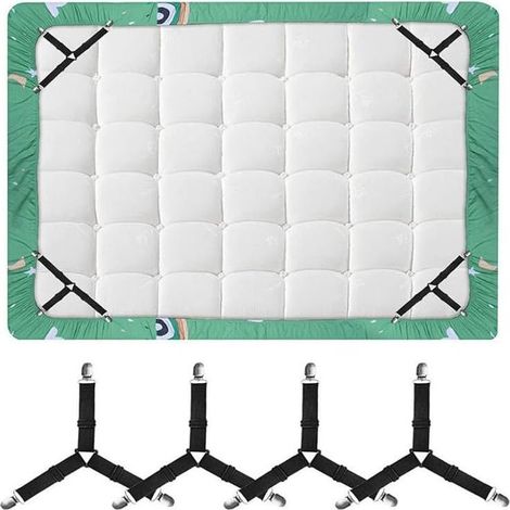 Lot de 4 attaches pour drap-housse, sangles réglables pour matelas avec clips métalliques, supports élastiques d'angle de lit, clips antidérapants (noir) (1/5)