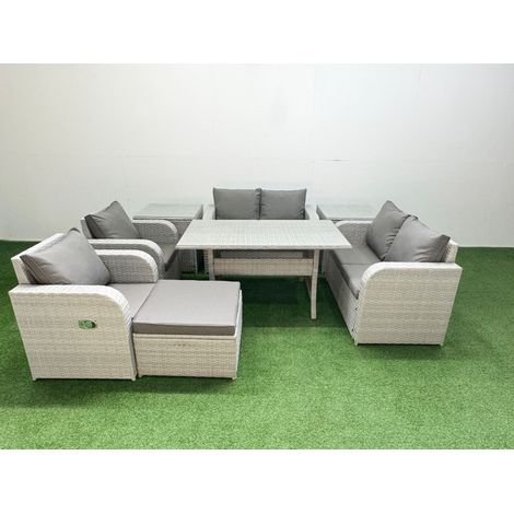 Fimous 7 Seater Outdoor Reclining Chair Love Sofa Set Rattan Garden Furniture Set with Rectangular Dining Table Footstool 2 Side Tables Light Grey (1/4)