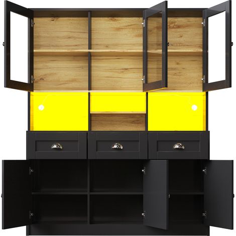 Armario despensa de cocina 140 x 40 x 175 cm MDF negro con LED y estantes regulables (1/5)