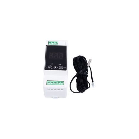 Controlador de temperatura para carril DIN con 2 relés, sonda cilíndrica, pantalla digital, 100–240 V