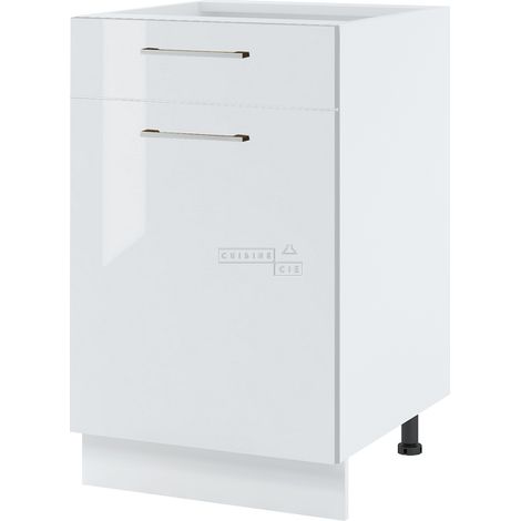 Meuble bas de cuisine Bellissi Blanc Brillant 1 porte 1 tiroir L 60 cm -  Porte avec poignée apparente Coulisses tiroir sans amortisseur White