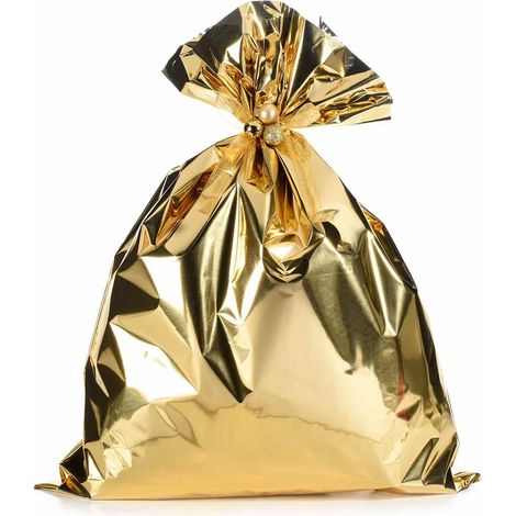 Busta a sacchetto regalo metallizzata oro lucido. Ideale per confezioni regalo, set da 50 pezzi, cm 45 x 60 H