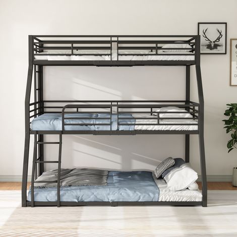 Lit superposé enfant 90x200cm ,3 places, Avec escalier à angle droit, cadre de lit en métal, barrière de sécurité, adapté aux enfants adolescents adultes - Noir (1/5)