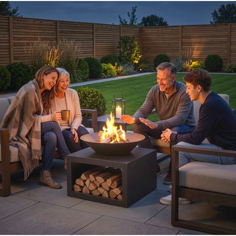 Brasero extérieur en métal noir, foyer rond de 59 cm avec rangement ouvert pour bois et charbon, tisonnier inclus de 46 cm, design industriel pour terrasse – CHICFURN (1/5)