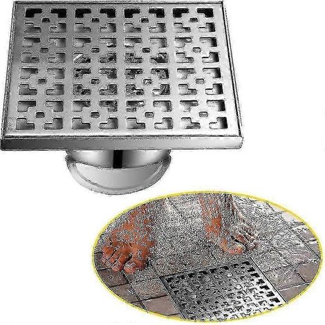 Caniveau de sol extérieur 20x20cm avec siphon, filtre à cheveux et bouchon anti-parfums - Solution de drainage argentée durable pour jardins et terrasses (1/5)