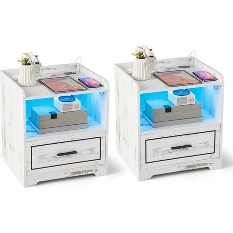 2-teiliges Nachttischset mit LED-Licht und USB-Ladegerät