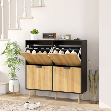 Zapatero Estrecho con 4 Cajones Abatibles y Estantes Ajustables para 16 Pares 95x26x95 cm Natural y Negro (1/5)