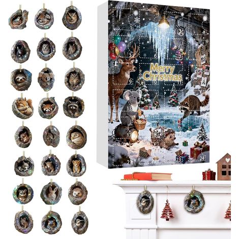 Calendrier de l'Avent Animaux 2025 – 24 jours – Calendrier de l'Avent 2D en acrylique en forme d'arbre avec trous Pendentif rétroviseur animal À accrocher à un sac à dos, un sapin de Noël, un porche (1/5)