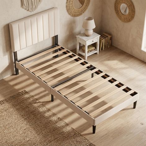 Lit 90x200cm avec Sommier - Tête de Lit Rembourrée Réglable - Cadre de Lit en Bois et Métal - Lin Gris - Supporte Jusqu'à 260kg (1/5)