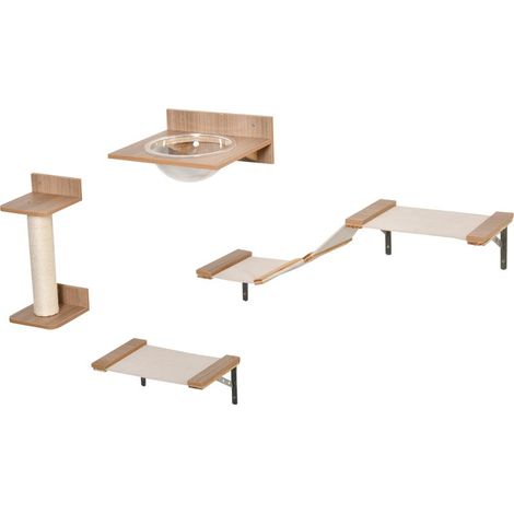 Mur d'escalade pour chat, ensemble de 4 pièces comprenant un griffoir, un hamac, une plateforme de saut, une colonne à griffer, des escaliers et un mobilier mural pour chat (jusqu'à 5 kg), marron clai (1/5)