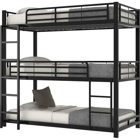 Litera triple 90x200 cm de metal negra con estructura de acero, seguridad EN747, escalera fija y barandillas, ideal para dormitorios juveniles y espacios compartidos  CHICFURN (1/5)