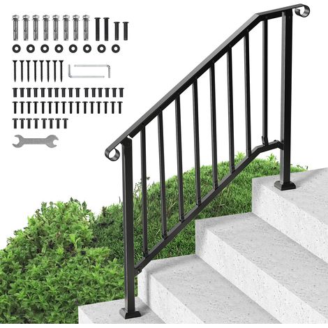 VEVOR Pasamanos para escaleras exteriores, kit de pasamanos para escaleras de 3 a 4 escalones, barandillas de acero al carbono de transición con kit de instalación, barandillas para escaleras