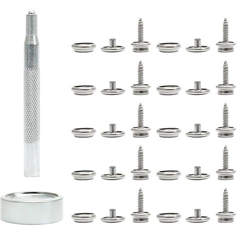 Lot de 32 boutons-pression à visser 15 mm en acier inoxydable 304 avec outils de fixation, boutons-pression argentés pour toile, meubles en bois et cuir DIY (1/5)