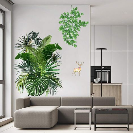 Sticker Murale Plantes Vertes - Auto-Adhésif PVC Imperméable - Décor Tropical Feuillage pour Chambre Salon Bureau - 90 x 60 cm - 1 Pièce (1/5)