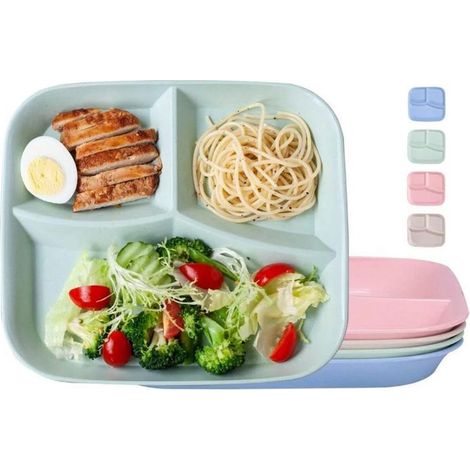 Lot de 4 assiettes plates réutilisables, compartiments réglementés pour régime équilibré, sans BPA, idéales pour adultes et suivi nutonnel quotidien