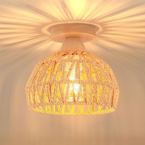Vintage Industrial Ceiling Light, Wooden and Rattan Cage Chandelier, E27 Ceiling Lamp, Decorative Pendant Light Fixture for Bedroom, Entrance Hallway, Bar, Restaurant