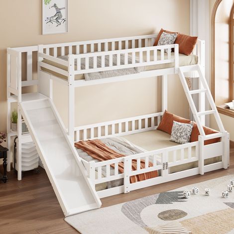 MEUBLIV Lit superposé 90x200/140x200 cm blanc – toboggan et rangements, sans matelas (1/5)