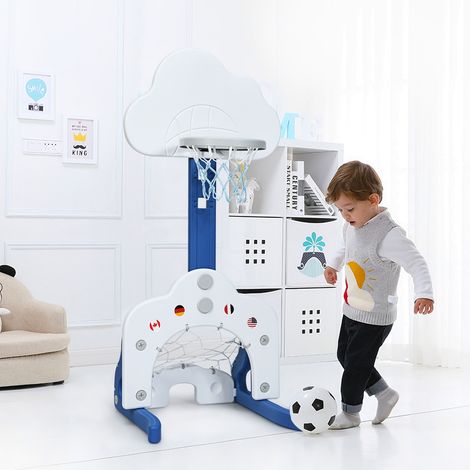 Support de Basket Multifonctionnel 3-en-1 Hauteur Ajustable du Panier de 77 à 116cm Bleu foncé et Blanc (1/3)