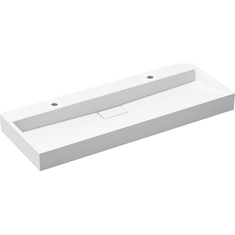 doporro® Lavabo sobre encimera Colossum19 lavabo suspendido blanco mate de diseño de 120 cm de ancho incluye válvula de desagüe 2 orificios para grifo