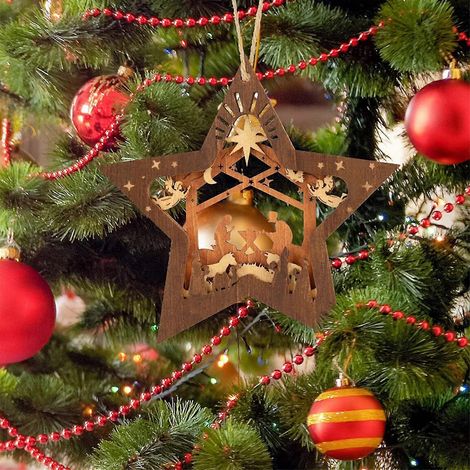 Décoration de Noël représentant la Nativité, ornement en bois en forme d'étoile à suspendre au sapin, souvenir de la Nativité pour la naissance de Jésus (1/5)
