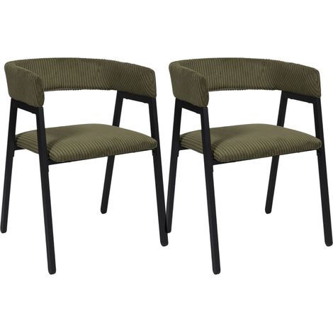 The Home Deco Factory – Lot de 2 chaises velours côtelé vert kaki – Structure noire moderne – Assise rembourrée pour confort optimal – Pour salle à manger ou bureau (1/5)