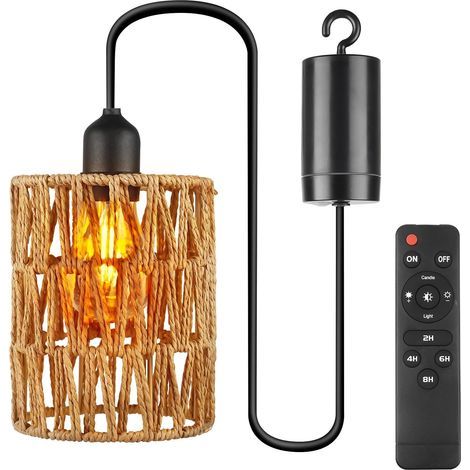 Lampe suspendue à piles avec télécommande – Étanche pour intérieur et extérieur – Design en rotin – 1W LED – 12x15cm – E27 (1/5)