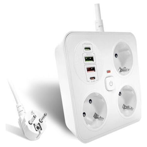 Multiprise à 3 voies avec 2 ports USB-A et 2 ports USB-C, adaptateur secteur avec câble d'extension de 2 m (250 V/16 A), multiprise pour bureau et maison (blanche) (1/5)