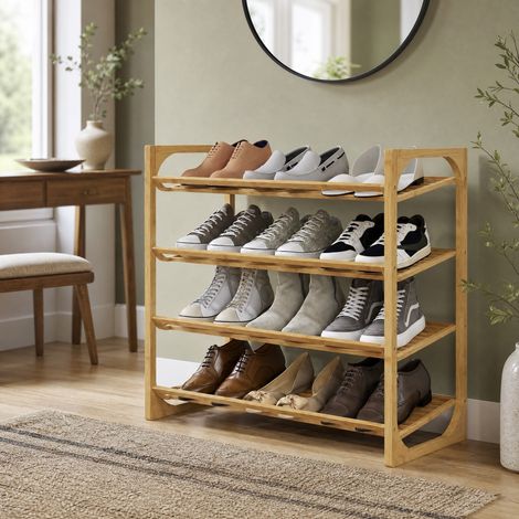 Estantería zapatero de bambú color natural 4 baldas inclinadas 76 x 33 x 67 cm (1/5)