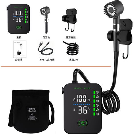 Douche portable chauffante, douche portable avec batterie de 8000 mAh pour le camping, douche de camping avec jet réglable et chauffage, affichage numérique de la puissance et de la température. (1/5)