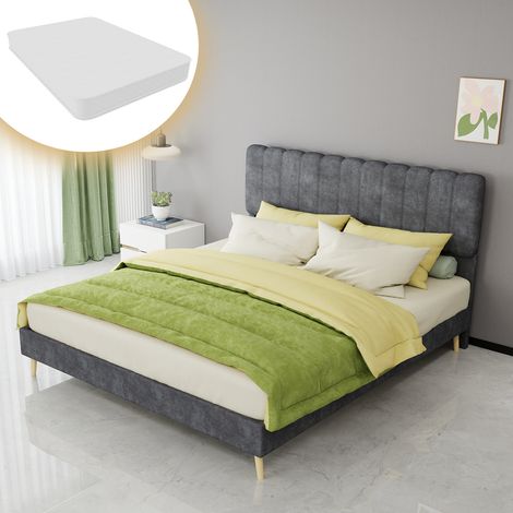 Lit adulte 160x200 cm en tissu et métal gris, moderne pour chambre, avec matelas FloraGrace (1/5)