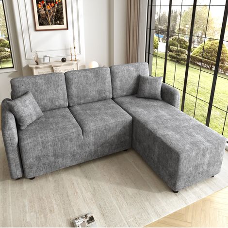 Divano Angolare a 3 Posti con penisola e 2 cuscini, rivestimento in ciniglia, struttura in legno, grigio (1/5)