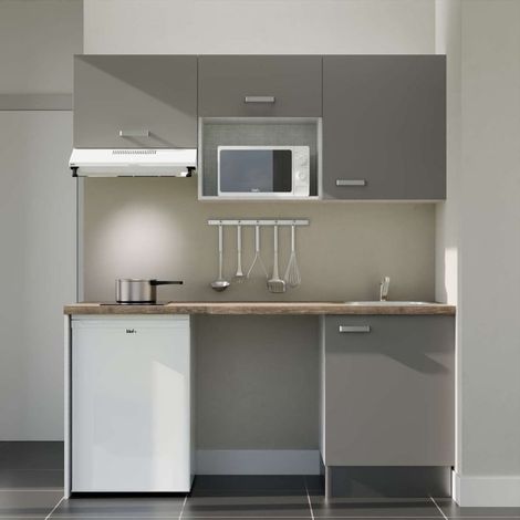 Kitchenette K55L-PT - 180 cm - plan stratifié, évier inox, - Façade Gris - Plan Bois - Evier Inox - Crédences Non + Electroménager inclus coloris Blanc (1/5)